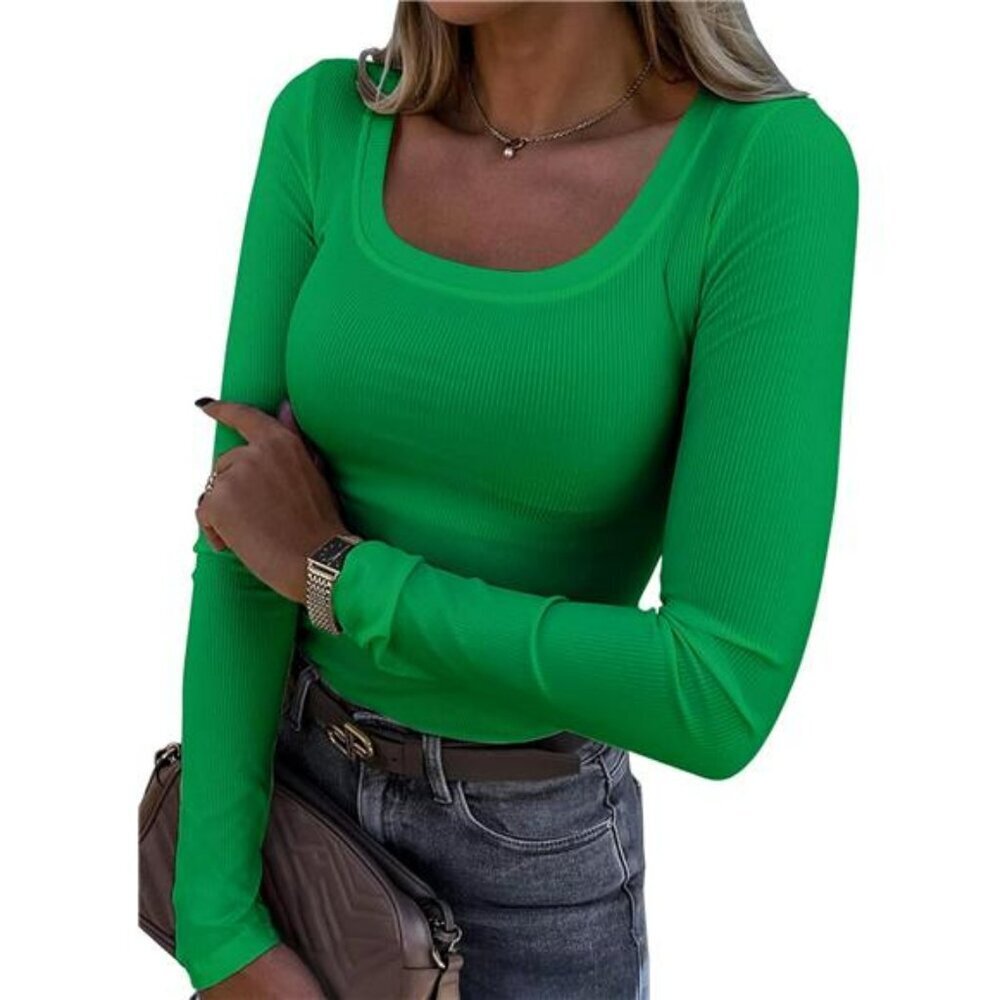 Roselux Ribbed Knit Long Sleeve Scoop Neck Slim Fit Casual Top for Women